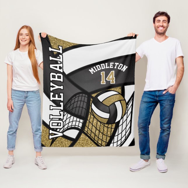 Sport Volleyball 🏐 - Gold Glitter, White, Black Fleece Blanket (In Situ)