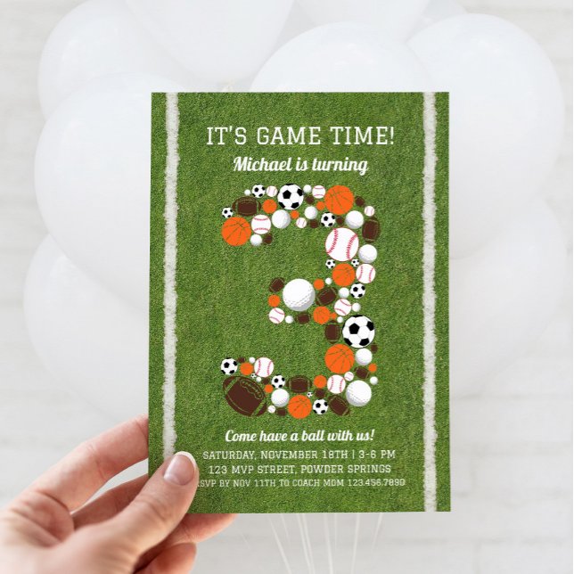 Sports 3rd Birthday Party Invitation (Sports 3rd Birthday Invitation)