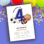 Sports 4th Boy Athlete Birthday Invitation<br><div class="desc">Game On! Sports 4th Birthday Invitation 🏀⚽🏈 Kick off an unforgettable celebration with this Sports 4th Birthday Invitation! Featuring a bold collegiate-style “4” and a mix of classic sports elements, this design is perfect for little athletes who love soccer, basketball, football, and baseball. Whether you're hosting a backyard game day...</div>