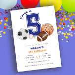 Sports 5th Boy Athlete Birthday Invitation<br><div class="desc">Game On! Sports 5th Birthday Invitation 🏀⚽🏈 Kick off an unforgettable celebration with this Sports 5th Birthday Invitation! Featuring a bold collegiate-style “5” and a mix of classic sports elements, this design is perfect for little athletes who love soccer, basketball, football, and baseball. Whether you're hosting a backyard game day...</div>