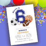 Sports 6th Boy Athlete Birthday Invitation<br><div class="desc">Game On! Sports 6th Birthday Invitation 🏀⚽🏈 Kick off an unforgettable celebration with this Sports 6th Birthday Invitation! Featuring a bold collegiate-style “6” and a mix of classic sports elements, this design is perfect for little athletes who love soccer, basketball, football, and baseball. Whether you're hosting a backyard game day...</div>