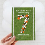 Sports 7th Birthday Party Invitation<br><div class="desc">Sports 7th Birthday Party Invitation for your all star kid! Number 7 is made of footballs, soccer balls, basketballs and golf balls on a green grass background. Design continues on the back resembling a jersey with name and birthday age. Your friends and family will definitely have a ball at this...</div>