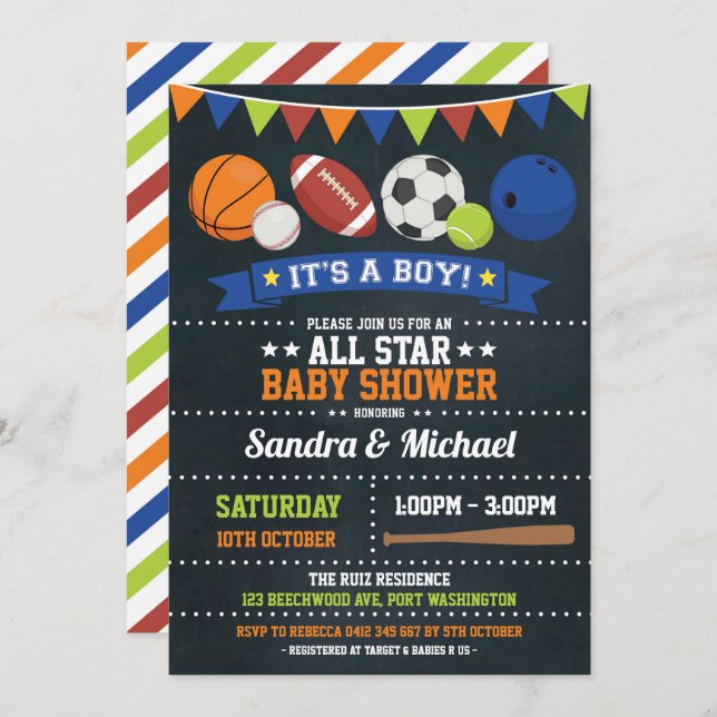 Sports All Star Baby Shower Basketball Rugby Invitation (Front/Back)