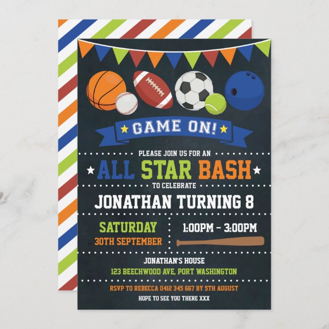 Sports All Star Birthday Baseball Basketball Party Invitation (Front/Back)