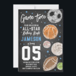 Sports All-Star Birthday Party Invitation<br><div class="desc">Any age! All the text is editable on this fun sports invitation! Design can be used for a sports event,  athletic event,  birthday or party celebration. Features a soccer ball,  basketball,  tennis ball,  volleyball,  football,  and baseball. Chalkboard style design.</div>