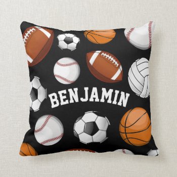 Sports All Star Personalized Name Black Throw Pillow by HappyPlanetShop at Zazzle