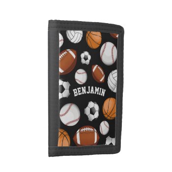 Sports All Star Personalized Name Black Trifold Wallet by HappyPlanetShop at Zazzle