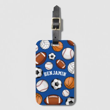 Sports All Star Personalized Name Blue Luggage Tag by HappyPlanetShop at Zazzle