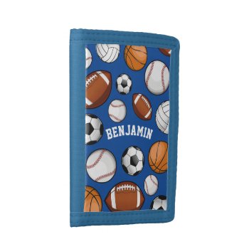 Sports All Star Personalized Name Blue Tri-fold Wallet by HappyPlanetShop at Zazzle