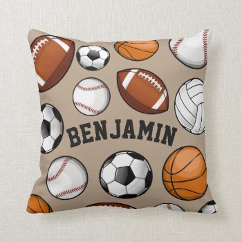 Sports All Star Personalized Name Tan Throw Pillow by HappyPlanetShop at Zazzle