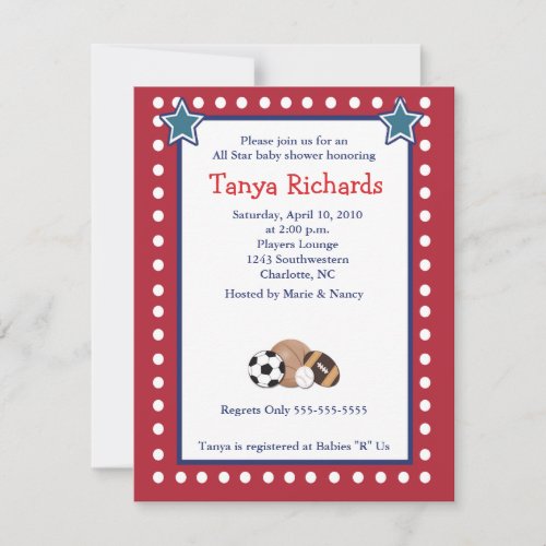 Sports All Stars Red Border Baby Shower Invitation