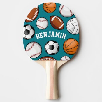 Sports Assortment Personalized Name Teal Ping Pong Paddle by HappyPlanetShop at Zazzle