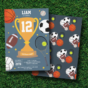Sports Athletic Balls Kids Blue Birthday Party Invitation