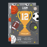Sports Athletic Balls Kids Gray Birthday Party Invitation<br><div class="desc">A sports athletic balls design. Perfect for adults and kids who love playing all types of sports. Ball sports included in this design are soccer, football, tennis, baseball, volleyball and basketball. An ideal design for athletes, sport coaches, sports teams and sporty enthusiasts. Perfect birthday invitation, matching birthday party decor and...</div>