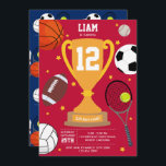 Sports Athletic Balls Kids Red Blue Birthday Party Invitation<br><div class="desc">A sports athletic balls design. Perfect for adults and kids who love playing all types of sports. Ball sports included in this design are soccer, football, tennis, baseball, volleyball and basketball. An ideal design for athletes, sport coaches, sports teams and sporty enthusiasts. Perfect birthday invitation, matching birthday party decor and...</div>