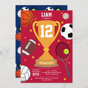 Sports Athletic Balls Kids Red Blue Birthday Party Invitation