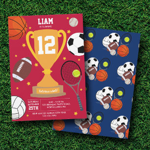 Sports Athletic Balls Kids Red Blue Birthday Party Invitation