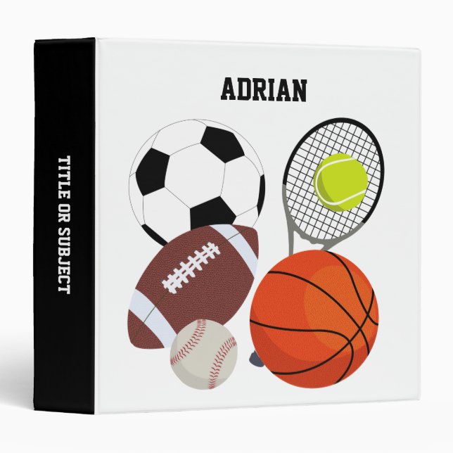 Sports Athletic Balls Personalized Name 3 Ring Binder (Front/Spine)
