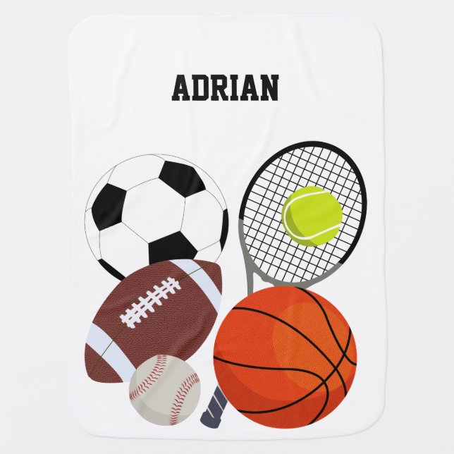 Sports Athletic Balls Personalized Name Baby Blanket (Front)