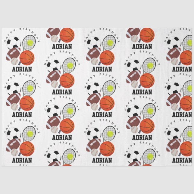 Sports Athletic Balls Personalized Name Birthday Tissue Paper (Front)