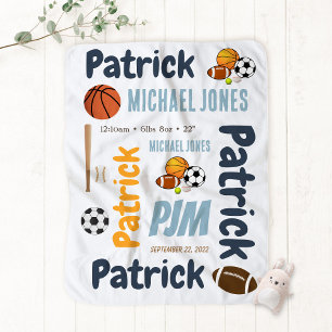 Sports  Baby Boy Football Basketball Baseball Name Baby Blanket