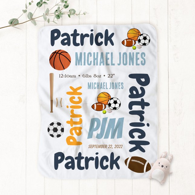 Sports  Baby Boy Football Basketball Baseball Name Blanket (Creator Uploaded)