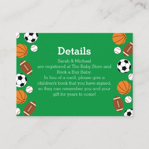 Sports Baby Shower Co_ed Green Gender Neutral Enclosure Card