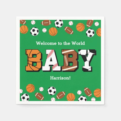 Sports Baby Shower Co_ed Green Gender Neutral Napkins