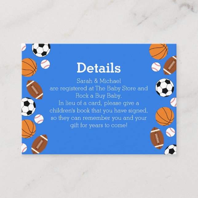 Sports Baby Shower Co-ed Theme Boy Blue Enclosure Card (Front)