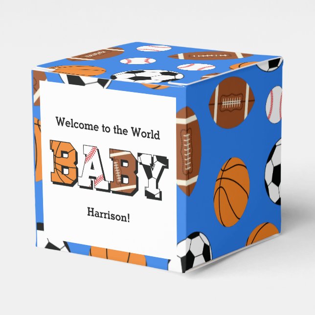 Sports Baby Shower Co-ed Theme Boy Blue Favor Boxes (Front Side)