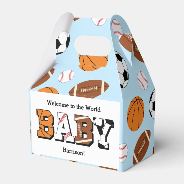 Sports Baby Shower Co-ed Theme Boy Blue Favor Boxes (Front Side)
