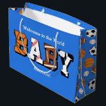Sports Baby Shower Co-ed Theme Boy Blue Large Gift Bag<br><div class="desc">Our adorable Sports Baby Shower theme is perfect for the couple expecting a boy that loves football,  baseball,  soccer and basketball!  Makes a great theme for a co-ed,  gender neutral or jack and jill style shower too!</div>