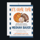 Sports Baby Shower Invitation<br><div class="desc">Sports Baby Shower Invitation

It's Game TIme!
Cover all the bases with Basketball,  Baseball and Football for you next baby shower!

Background colors ARE editable by you!</div>