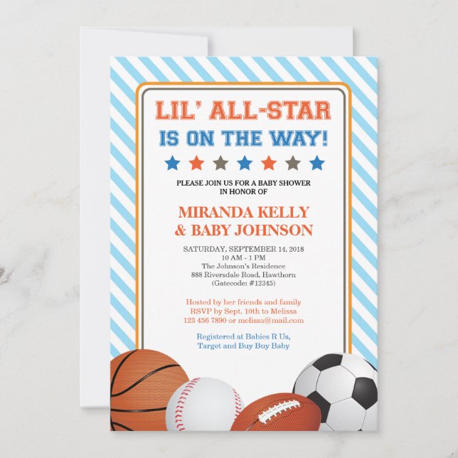 Sports Baby Shower Invitation, All Star Sports Invitation (Front)