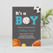 Sports Baby Shower invite Its a boy Blue brown (Standing Front)
