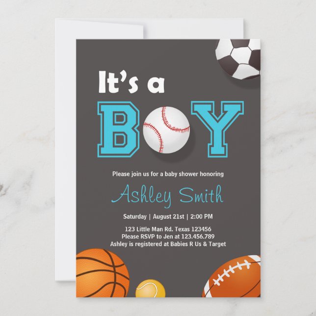 Sports Baby Shower invite Its a boy Blue brown (Front)