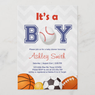 Sports Baby Shower invite Its a boy Blue red Grey