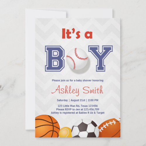 Sports Baby Shower invite Its a boy Blue red Grey