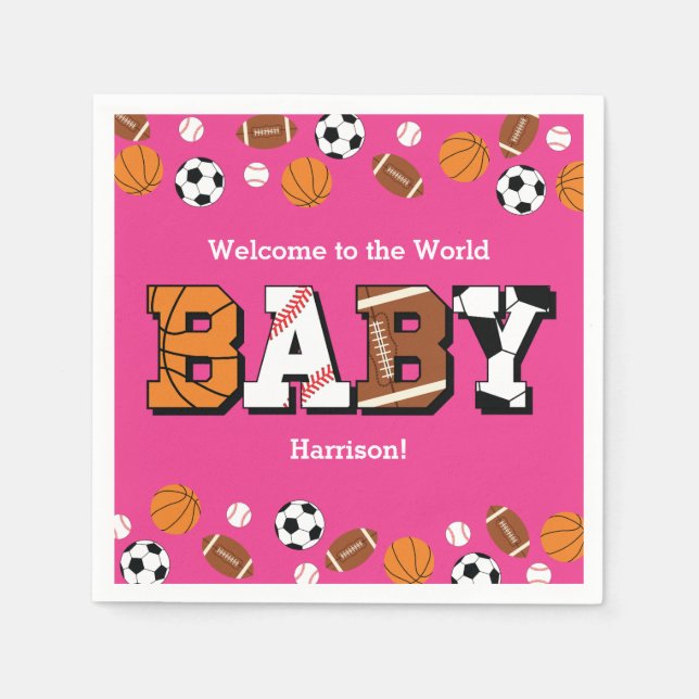 Sports Baby Shower Pink Girl Napkins (Front)