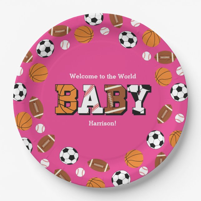 Sports Baby Shower Pink Girl Paper Plates (Front)