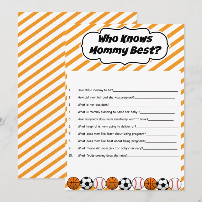 Sports Baby Shower Who Knows Mommy Best Game Invitation (Front/Back)