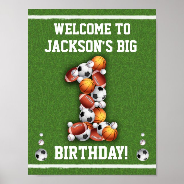 Sports balls 1st Birthday Welcome Sign (Front)