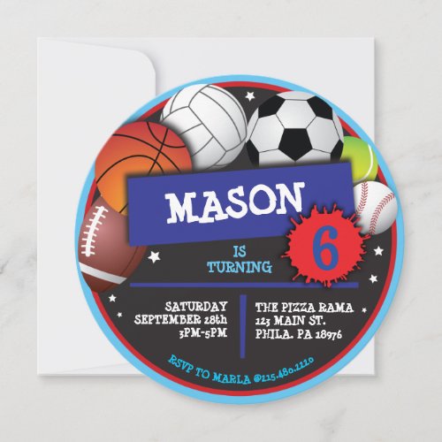 SPORTS BALLS  Birthday Party Invitation