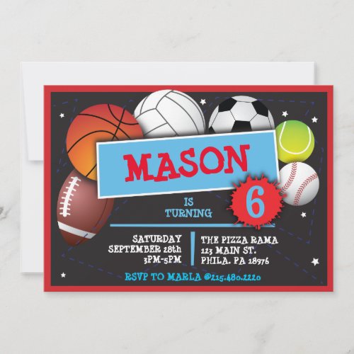 SPORTS BALLS  Birthday Party Invitation