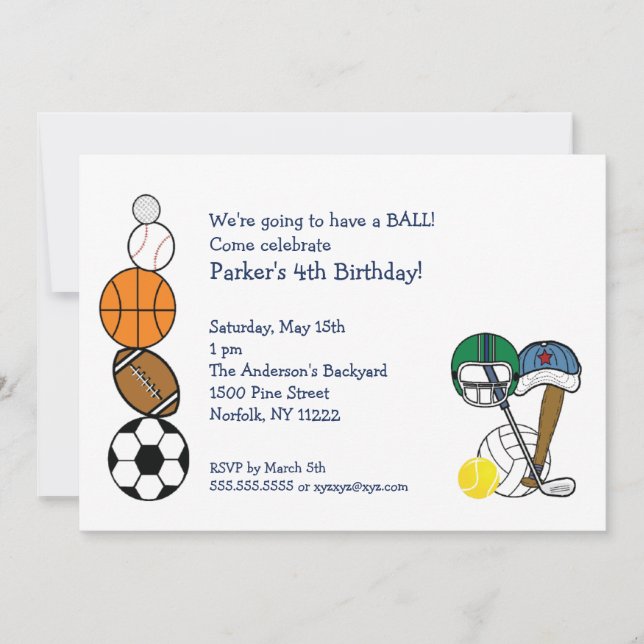 Sports Balls Birthday Party Invite for kids (Front)