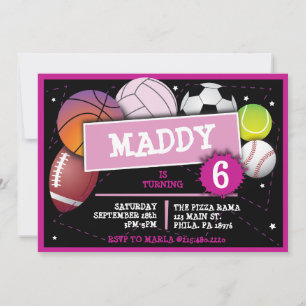 SPORTS BALLS GIRLS Birthday Party Invitation