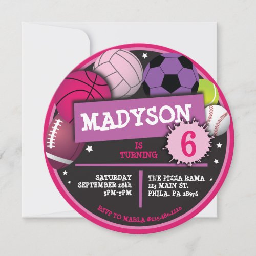 SPORTS BALLS Girls Birthday Party Invitation