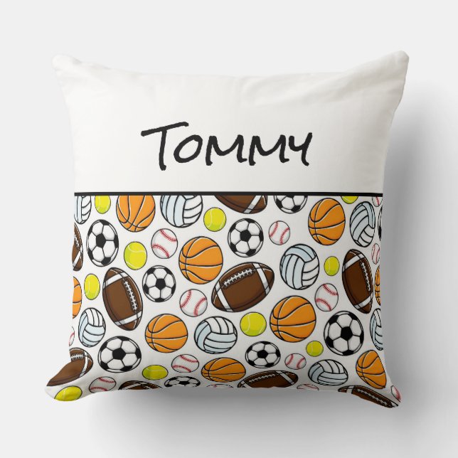 Sports Balls Kids NAME Bedroom Decor Keepsake Fun Throw Pillow (Front)