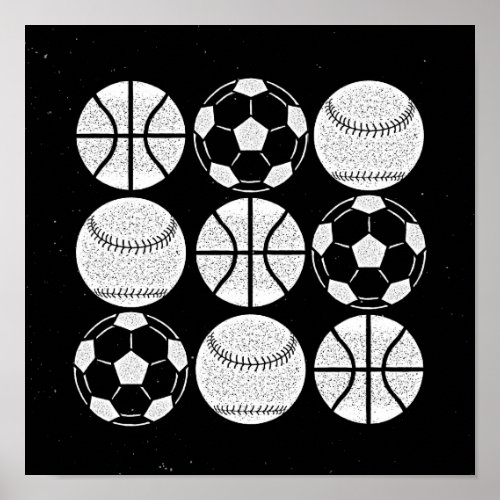 Sports balls trendy black and white poster