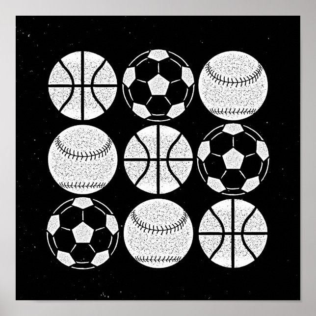 Sports balls trendy black and white poster (Front)